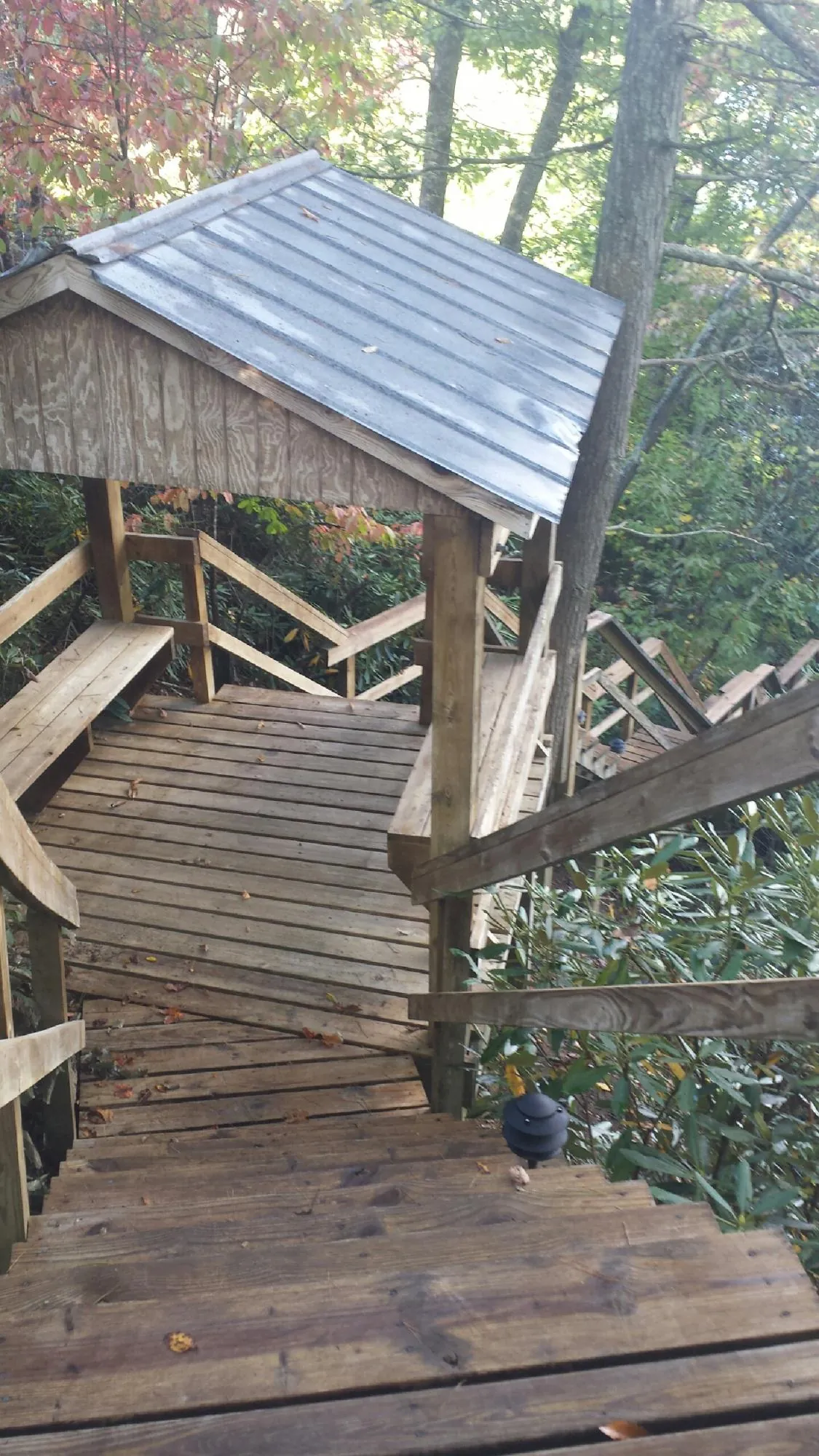 Metal roofed shelter over wooden steps on a wooded walkway — Skylight Repair & Installation work by our crew in Chatfield